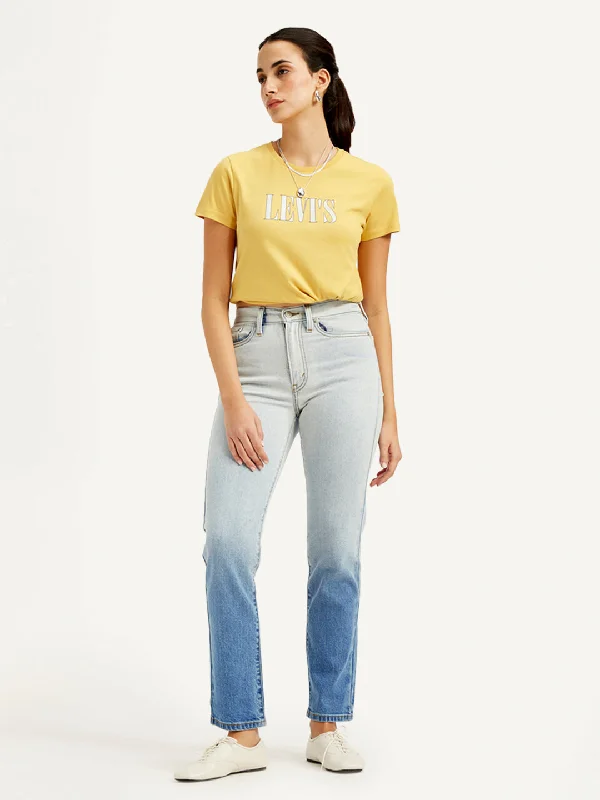Fresh And Fashionable Bottom And Versatile Women's High Rise Wedgie Straight Fit Blue Jeans