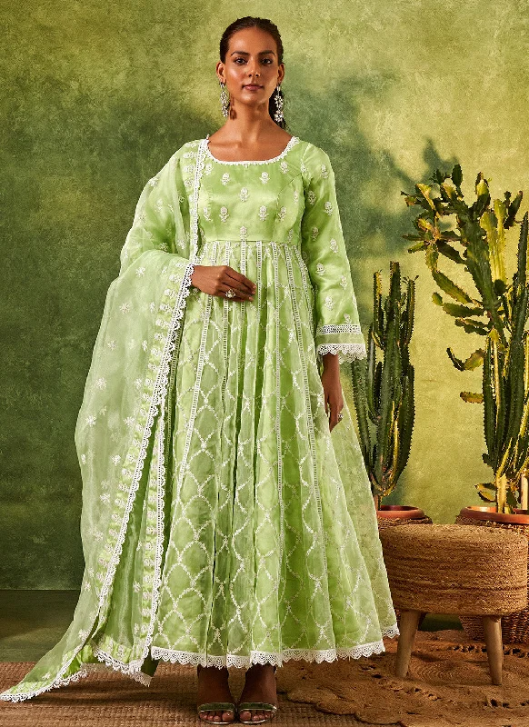 Elegant And Charming Fashionable Items Green Embroidered Organza Anarkali