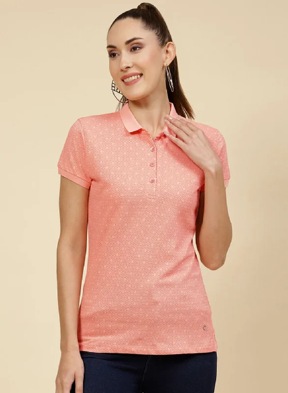 High Street Fashion Carefree Style Women Peach Printed T-Shirt