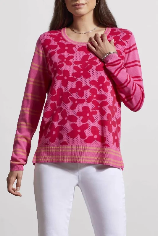 High Street Style Sports Fashion Crew Neck Pointelle Sweater In Pink