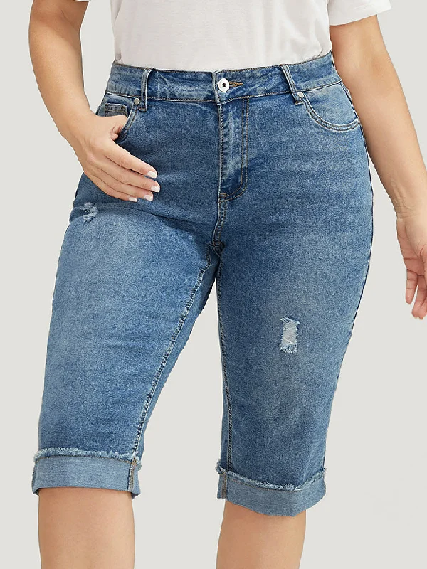 Modern Tailoring Celebrity Style Moderately Stretchy Roll Hem Ripped Knee Denim Shorts