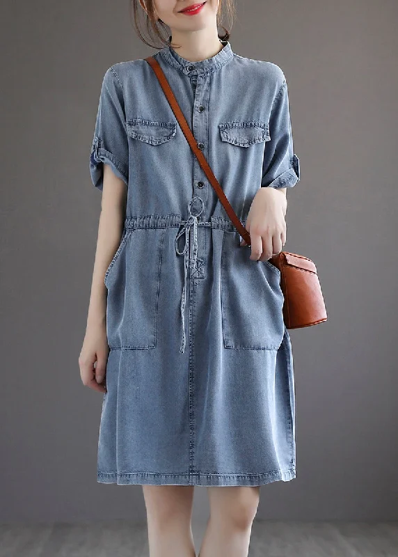 Comfortable And Cold-proof Avant-garde Design French Blue Pockets Tie Waist Denim Dresses Summer Comfortable And Cold-proof Avant-garde Design French Blue Pockets Tie Waist Denim Dresses Summer