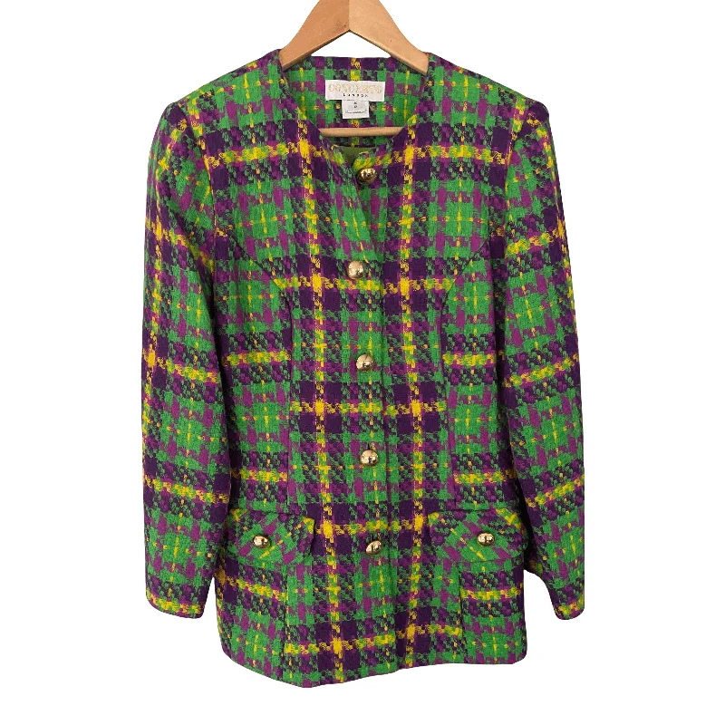 High Street Fashion Urban Sense Concerto London Jacket 100% Wool woven Green and Purple Check UK Size 12