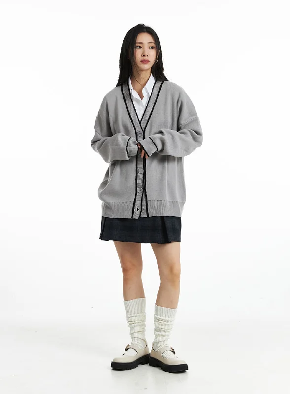 Editorial Design Classic V-Neck Loose Fit Long Sleeve Cardigan OO323