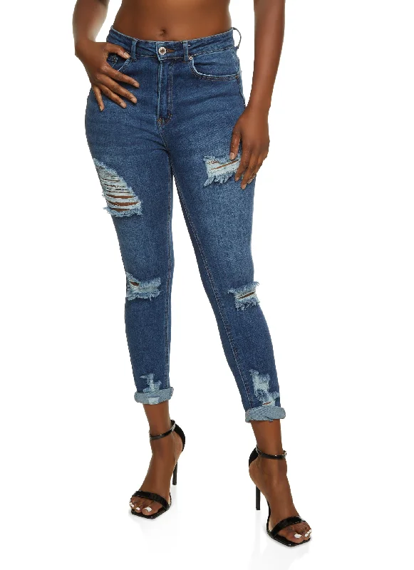 Floral Prints Elegant And Noble WAX Ripped Rolled Cuff Skinny Jeans
