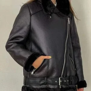 Street Vertical And Horizontal Design Women's Black Oversized Shearling Leather Jacket