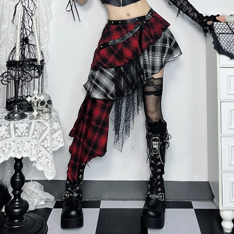 Avant-garde Design High Street Style Women's Grunge Plaid Irregular Hem Skirt Black Red Avant-garde Design High Street Style Women's Grunge Plaid Irregular Hem Skirt Black Red