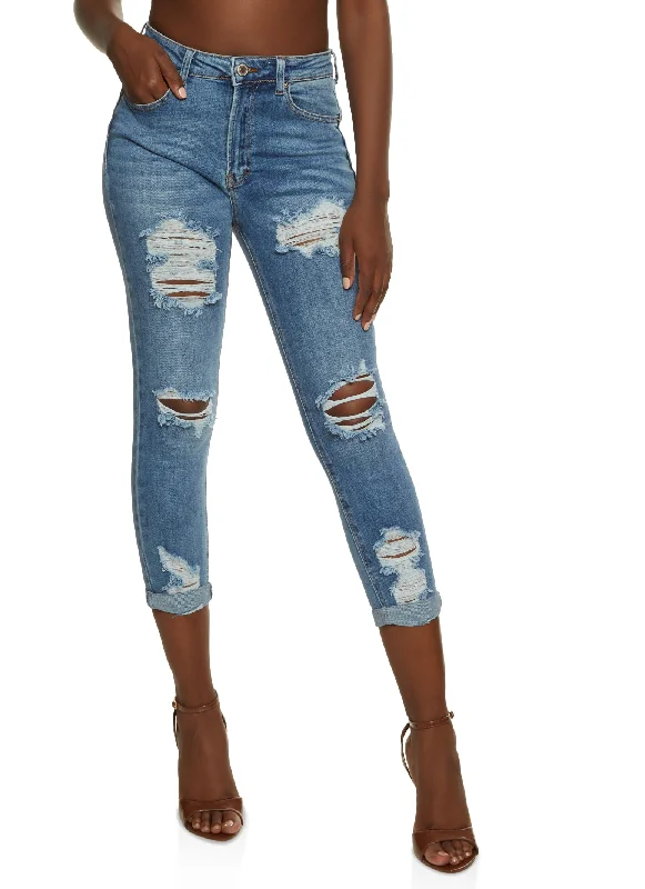 Celebrity Picks Romantic Data WAX Ripped Rolled Cuff Skinny Jeans