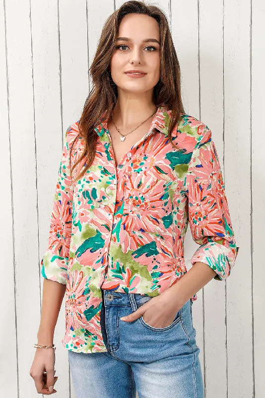 Hooded design Floral Long Sleeve Collared Shirt