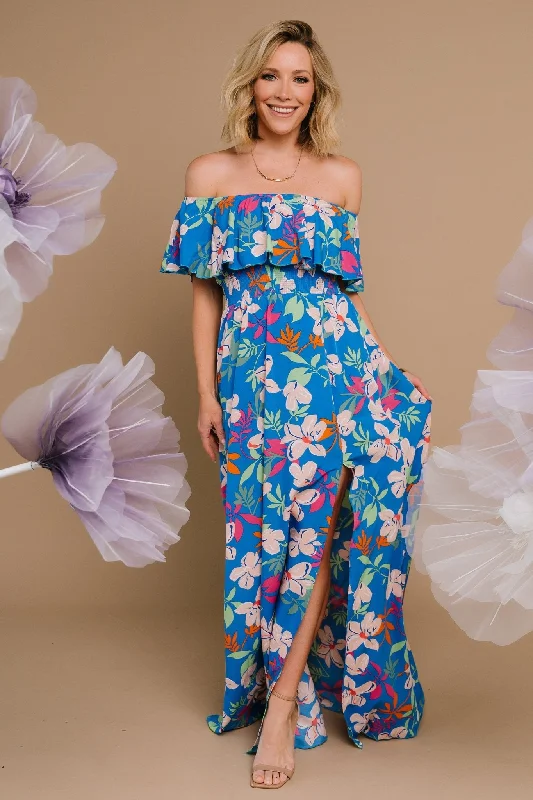 Embroidery Design Talia Off Shoulder Maxi Dress | Blue Floral