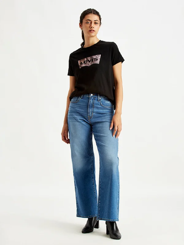 Integrated Design French Style Women's High Rise Wide Leg Blue Jeans