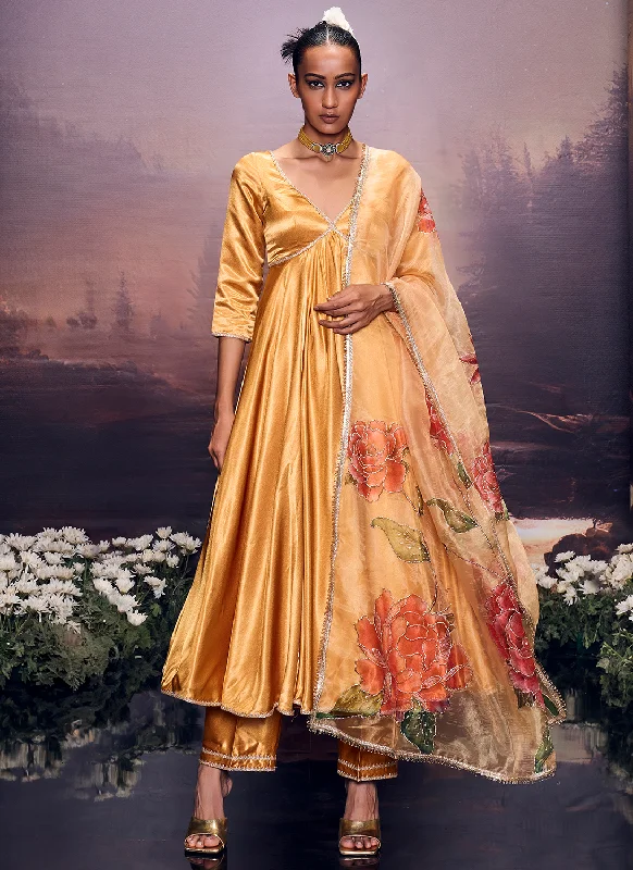 Classic And Versatile Fashionable And Versatile Mustard Embroidered Satin Anarkali