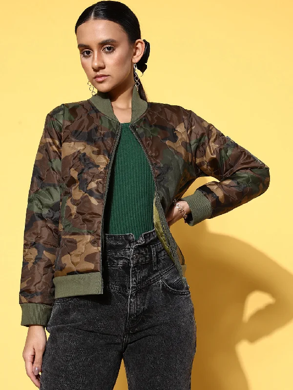 Classic Color Sexy Fun Women Olive Camouflage Print Front Zipper Quilted Puffer Jacket