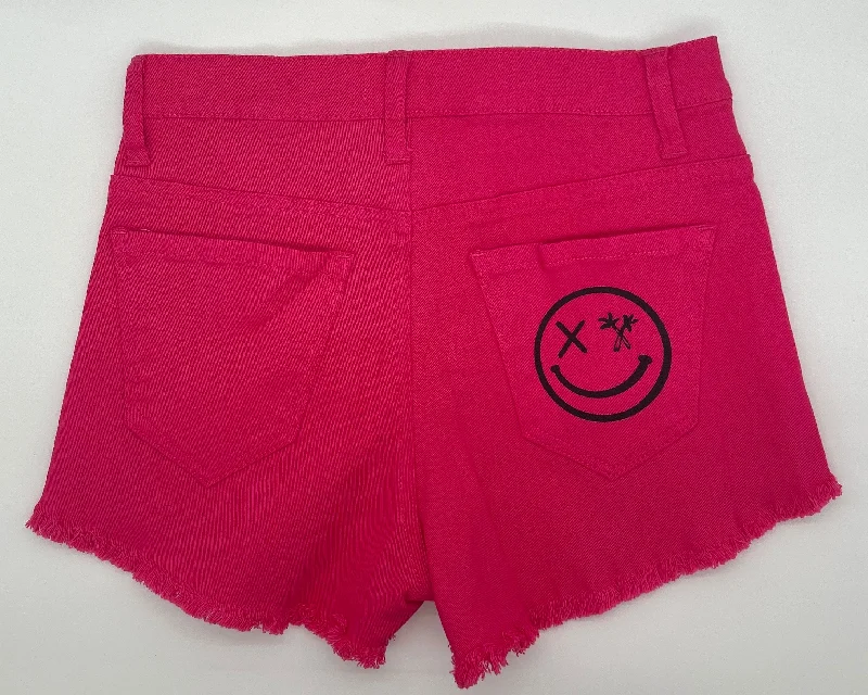 Autumn Selection Bottom And Versatile Salty Savage Ladies Mid Rise “Palm Smile” Distressed Stretch Jean Shorts | Fuchsia