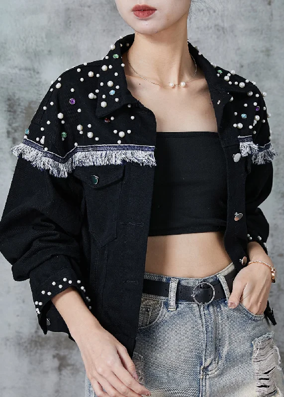 Minimal Style Bohemian Black Tasseled Patchwork Nail Bead Denim Jacket Spring