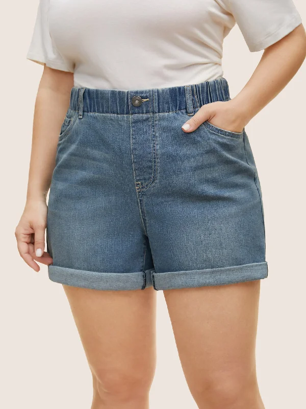 Personalized Wear Luxury Style Light Wash Button Up Roll Hem Denim Shorts
