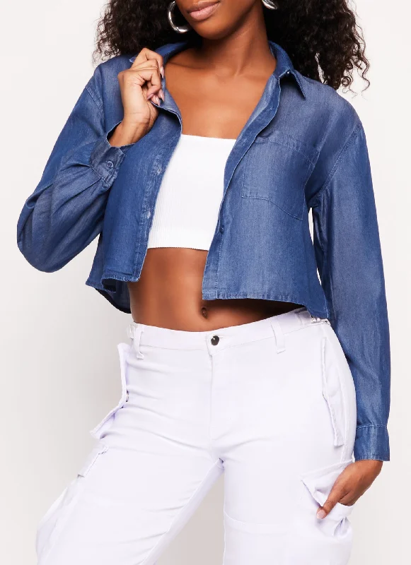 Unique Prints Thin Design Chambray Button Front Cropped Shirt