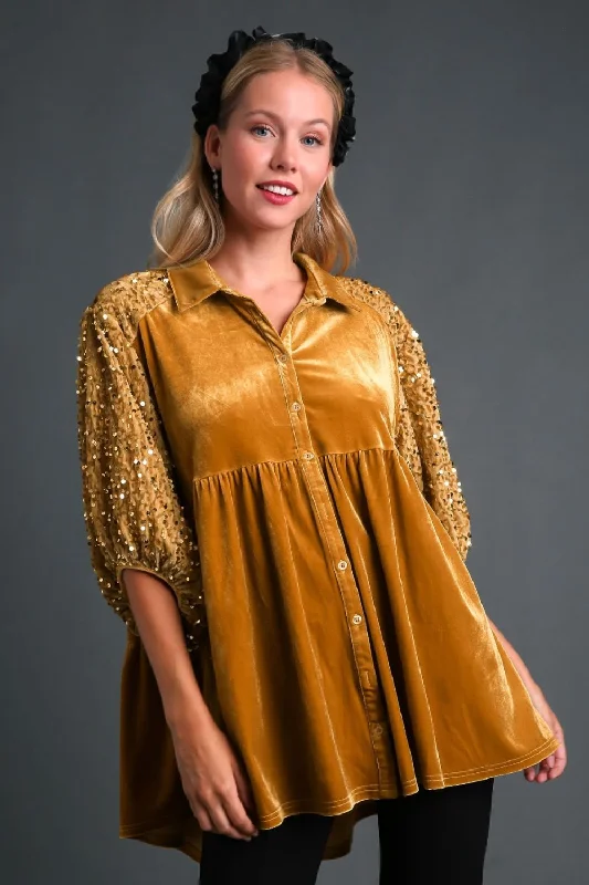 Age-reducing Style Fresh And Capable Sequin Detail Tiered Back Half Sleeve Shirt