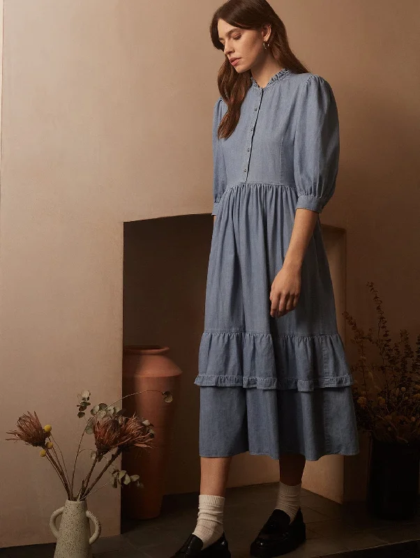 Simple Matching Simple Solid Color Alicia Organic Cotton Chambray Midi Dress | Light Indigo Simple Matching Simple Solid Color Alicia Organic Cotton Chambray Midi Dress | Light Indigo