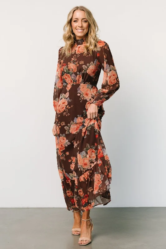 Breathable Design Unique Prints Luciana Maxi Dress | Brown Floral