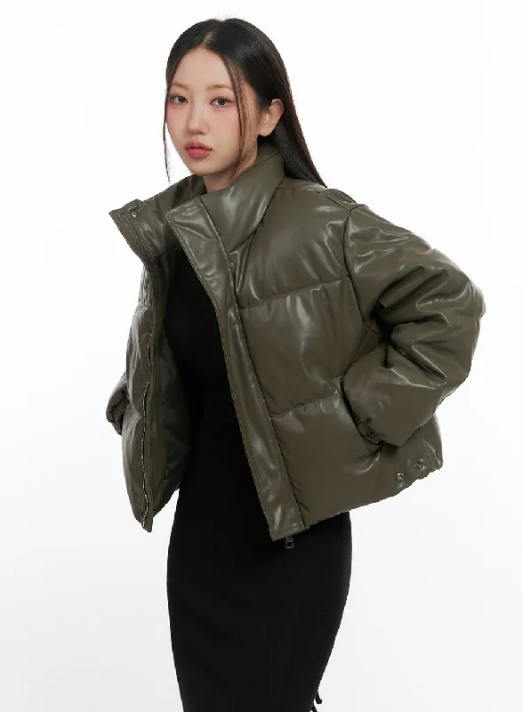 Stand-up collar design Urban Edge Faux Leather Puffer Jacket CN419