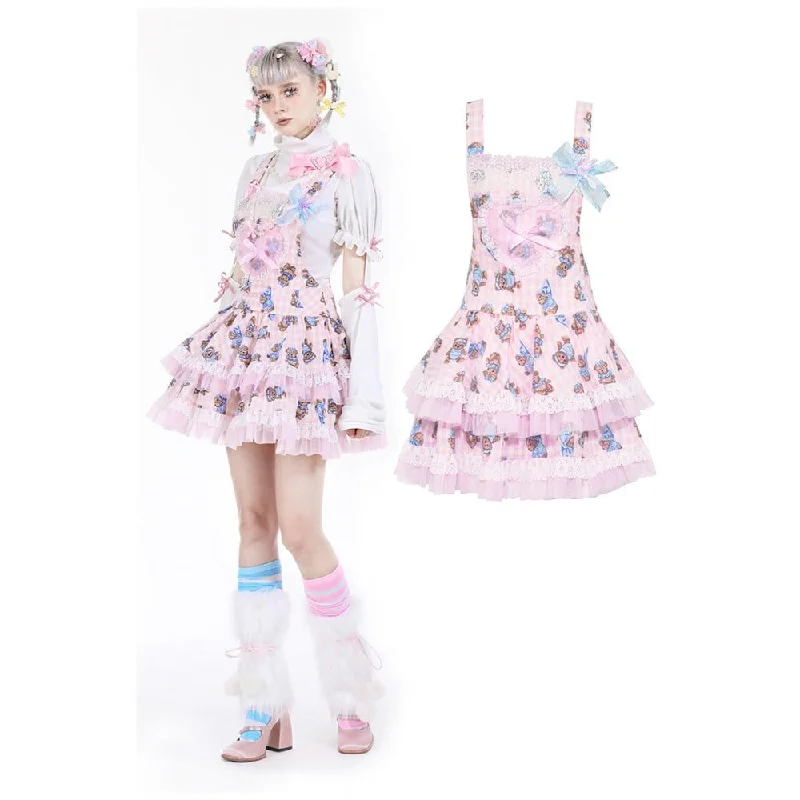 Comfortable Fashion Celebrity Style Women's Lolita Bear Printed Layered Overall Dress Comfortable Fashion Celebrity Style Women's Lolita Bear Printed Layered Overall Dress