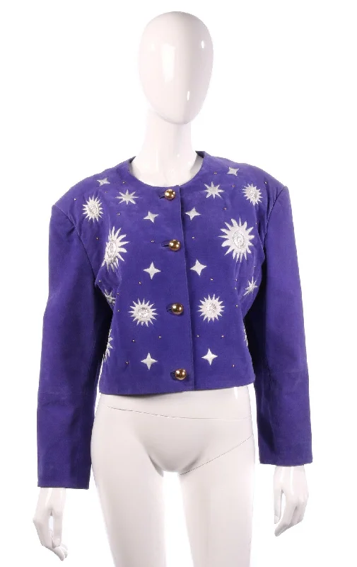 Noble And Elegant Celebrity Style Miss Joy Authentics 1980's Jacket Suede Purple & Applique Size 14/16