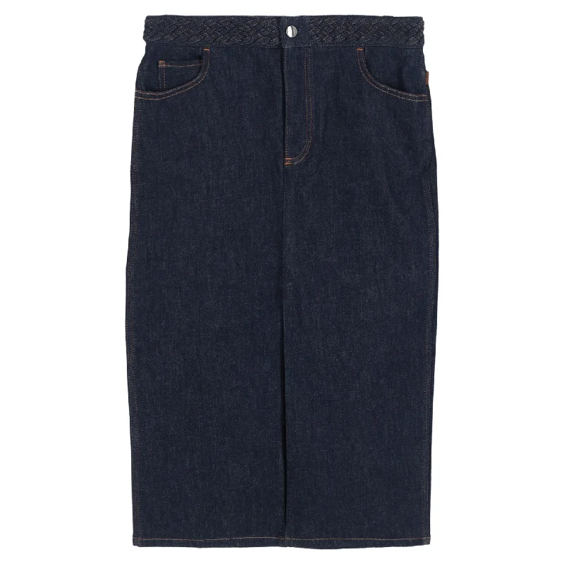 Sweet Style High Street Style Chloé Braided-Waist Slit-Hem Denim Skirt in Blue Cotton Sweet Style High Street Style Chloé Braided-Waist Slit-Hem Denim Skirt in Blue Cotton