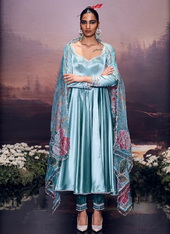 Warm Atmosphere Comfortable And Cold-proof Blue Embroidered Satin Anarkali