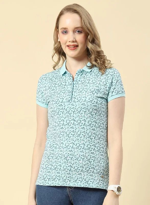 Classic Style French Retro Women Blue Printed T-Shirt
