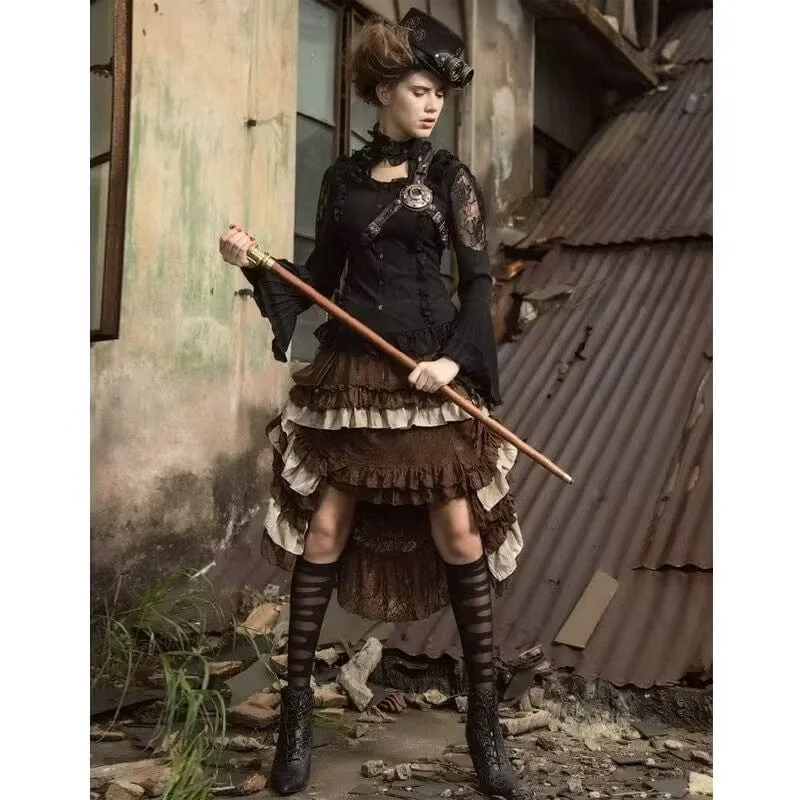 Stand-up collar design Steampunk Skirt with waist pouch Brown