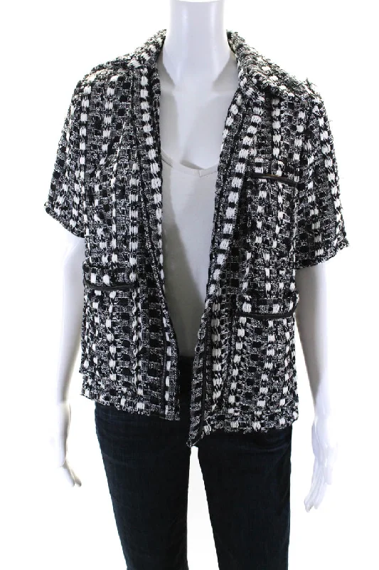 Personalized Wear Frederick Anderson Women Open Front Tweed Short Sleeve Jacket Black White Personalized Wear Frederick Anderson Women Open Front Tweed Short Sleeve Jacket Black White