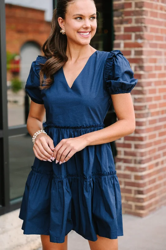 British Style Sugarlips: Never Going Back Navy Blue Ruffled Dress