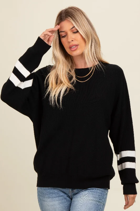 Classic And Versatile Stretch Design Black Striped Sleeve Relaxed Fit Sweater