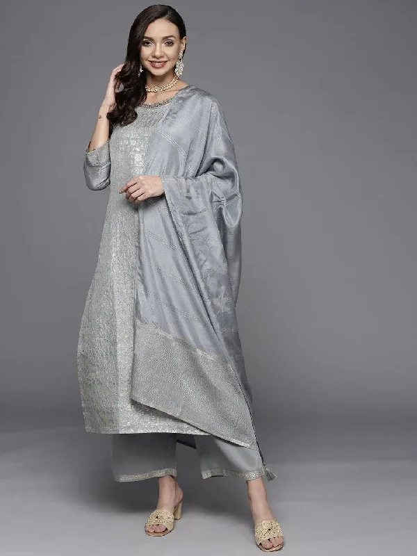New Season Series High-end Design Grey Woven Design Silk Blend Straight Kurta With Palazzos & Dupatta New Season Series High-end Design Grey Woven Design Silk Blend Straight Kurta With Palazzos & Dupatta