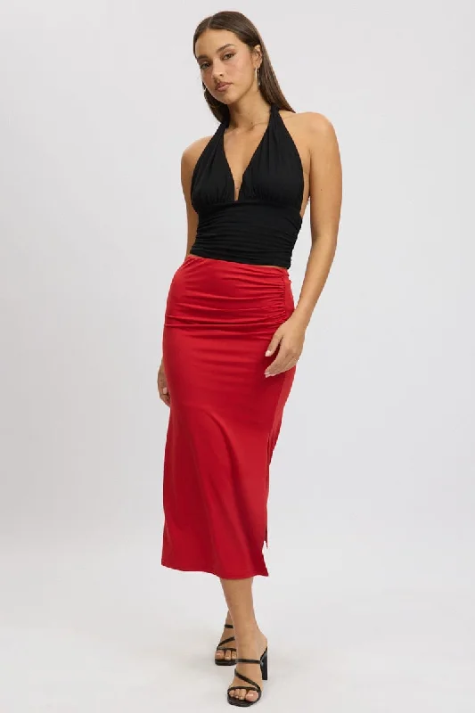 Fashionable In The Times Spring Fashion Red Midaxi Skirt High Rise Ruched Lined Supersoft Fashionable In The Times Spring Fashion Red Midaxi Skirt High Rise Ruched Lined Supersoft