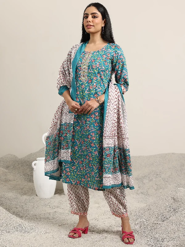French Style French Style Blue Printed Cotton Straight Suit With Dupatta