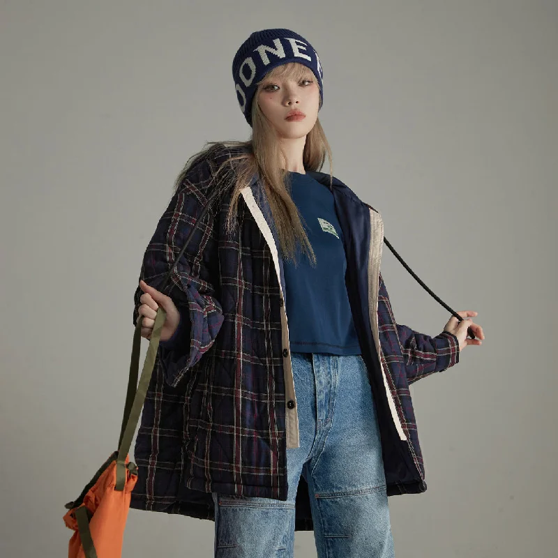Must-have For Fashion New Autumn And Winter Styles Check Loose-Fit Hooded Jacket