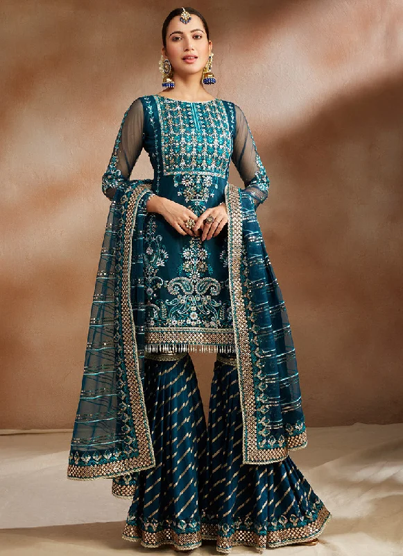 Lazy Home Diamond Series Dark Teal Heavy Embroidered Gharara Suit