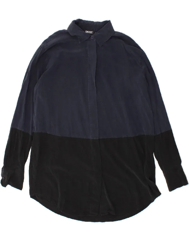 Fresh And Fashionable Minimalism DKNY Womens Shirt UK 10 Small Navy Blue Colourblock Silk