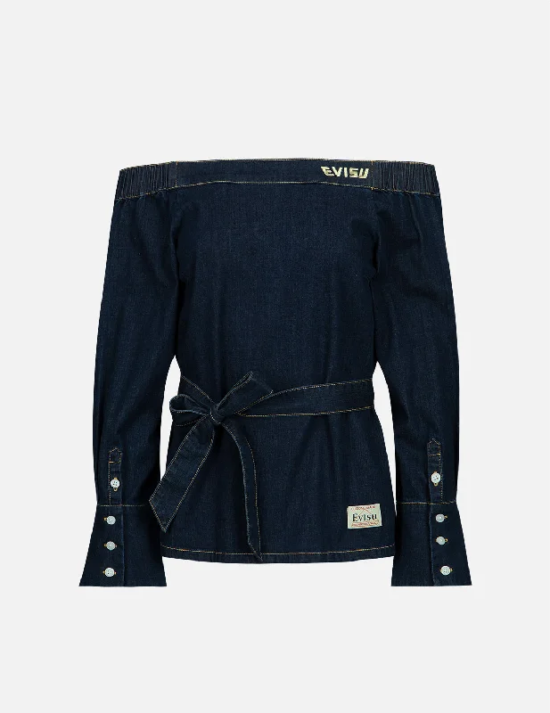 Exquisite Embroidery Autumn Selection Logo Embroidery Off-Shoulder Denim Blouse