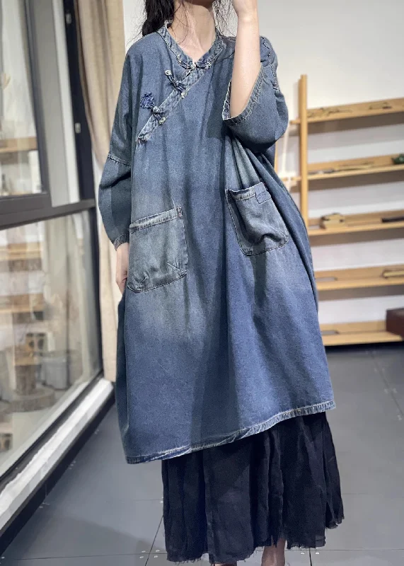 Cute Design Outdoor Trend Women Blue Oversized Chinese Button Denim Long Dress Spring Cute Design Outdoor Trend Women Blue Oversized Chinese Button Denim Long Dress Spring