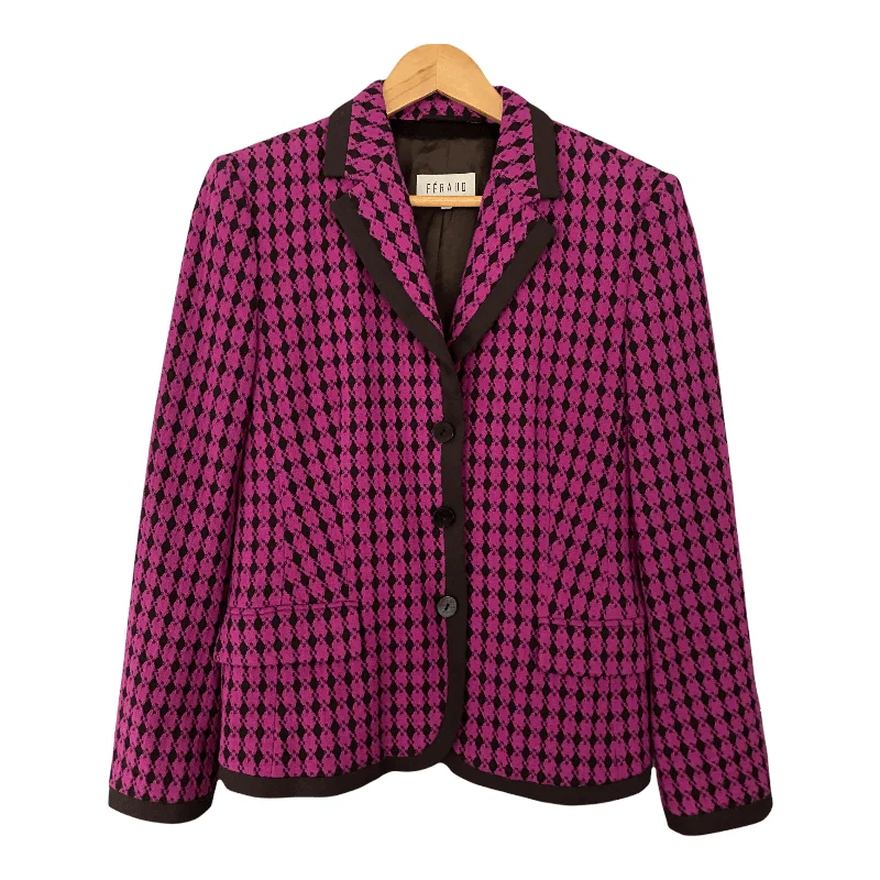 Fashionable And Versatile End Of The Year Feraud Wool Mix Jacket.  Purple Diamond Pattern with Black Edging.  Size F40 UK12