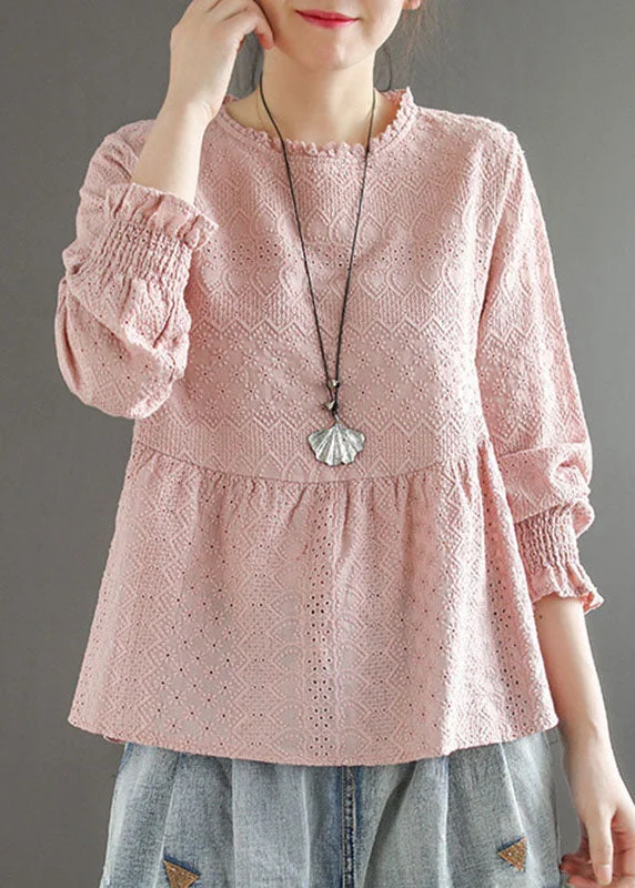 French Style Comfortable And Casual Handmade Pink O-Neck Patchwork Jacquard Fall Top Long sleeve French Style Comfortable And Casual Handmade Pink O-Neck Patchwork Jacquard Fall Top Long sleeve