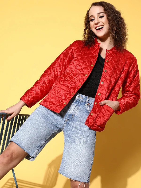 Personalized Outfit Slightly Flared Design Women Red Satin Front Pockets Puffer Jacket