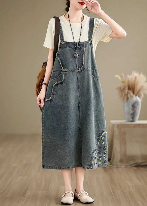 Design sense Chic Denim Grey Embroidered Patchwork Spaghetti Strap Dress Sleeveless