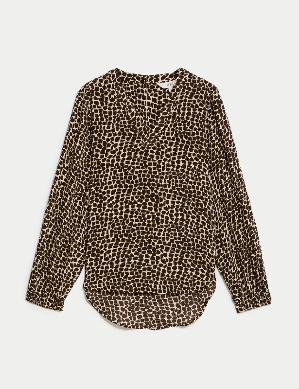 British Style High-quality Fabrics Animal Print V-Neck Popover Blouse