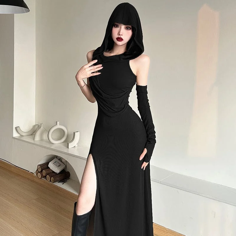 Fashionable and casual Women's Punk Ruched Split Dress with Hood and Oversleeve