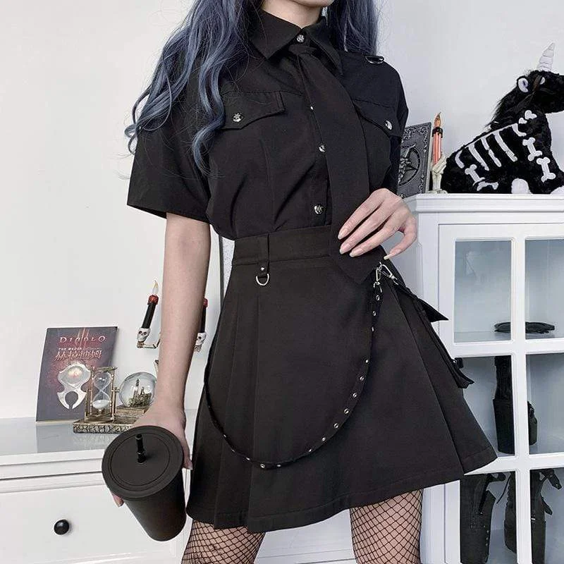 Street Personality Style Women's Gothic A-line Skirts With Detachable Eyelets Belt&Pocket