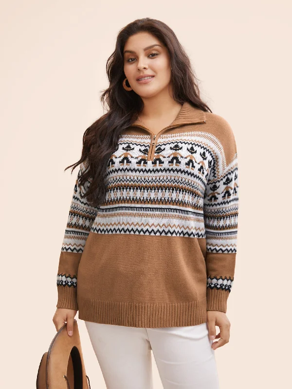 Lively And Youthful Noble And Elegant Fair Isle Half Zipper Design Pullover
